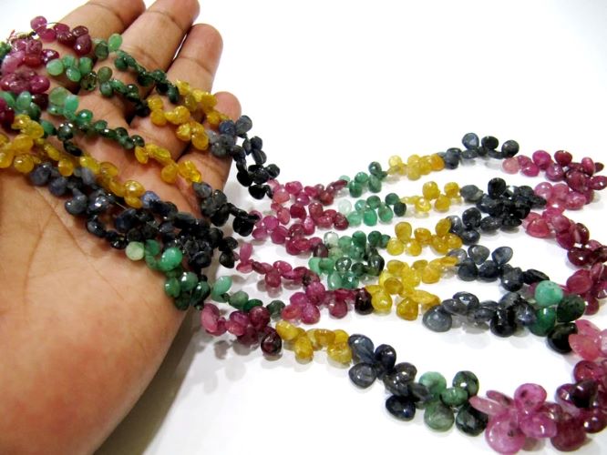 Natural Multi Precious Gemstone Ruby Emerald Sapphire faceted Briolette Size 5x7 to 7x9mm