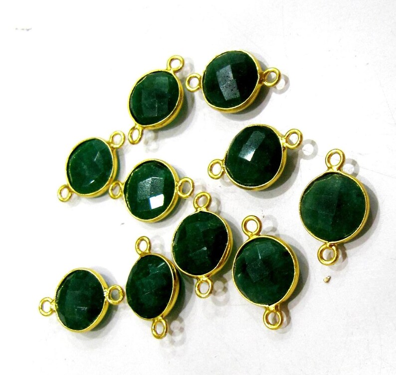 Set of 2 -Dyed Emerald Coin Shape Briolette Connectors , Gold Plated Double Loop Bezel 