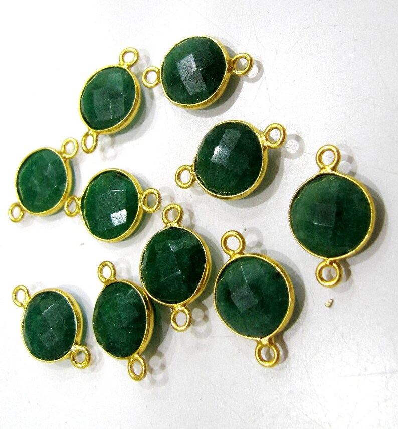 Set of 2 -Dyed Emerald Coin Shape Briolette Connectors , Gold Plated Double Loop Bezel 
