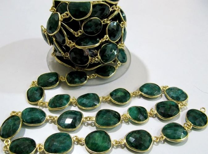 Emerald Briolette Connector 12 to 15mm Gemstone Bezel Uneven Shape Chain sold Per foot