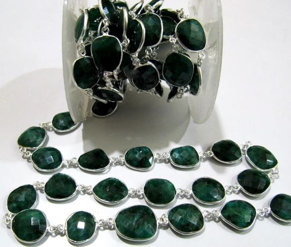 Emerald Briolette Connector 12 to 15mm Gemstone Bezel Uneven Shape Chain sold Per foot