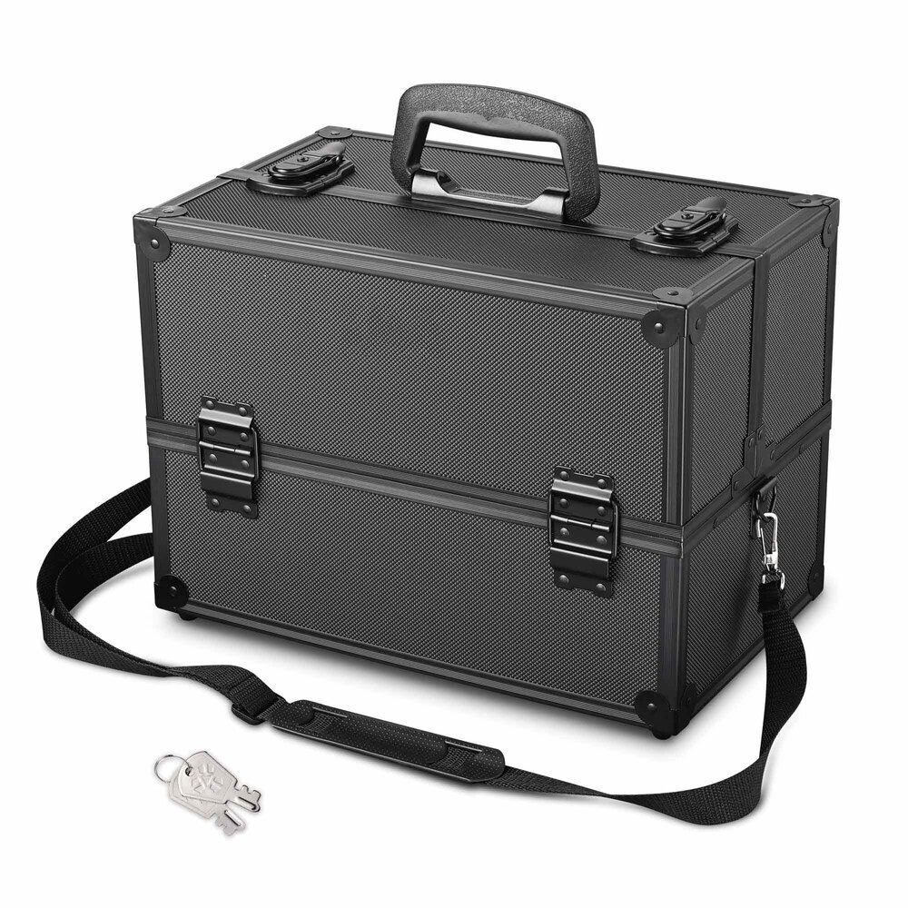 Black Travel Cosmetic Storage Case - Waterproof PU Leather Oxford Fabric, Large 40x29x12cm | Lightweight, Semi-Rigid, Multi-Compartment Organizer