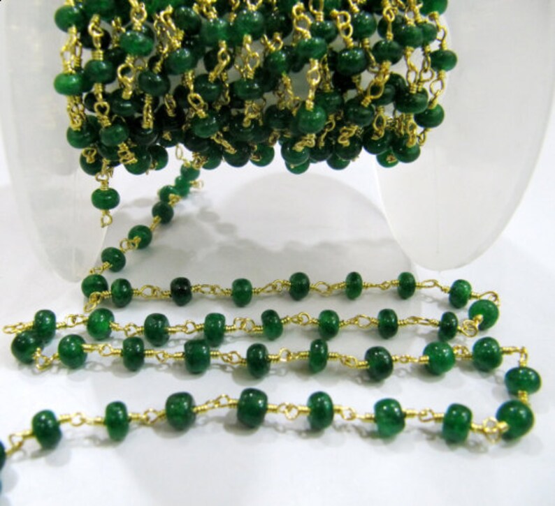 Emerald Rondelle Plain Smooth Size 4-5mm Dyed Beaded Wire Wrapped Rosary Chain