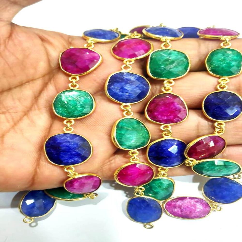 Ruby Emerald Sapphire 12 to 15mm Briolette Connector Bezel Chain Gold Plated