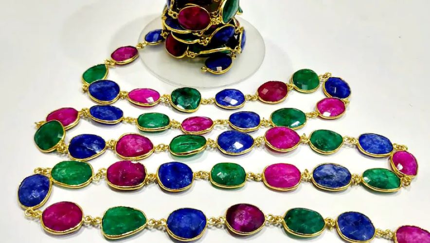 Ruby Emerald Sapphire 12 to 15mm Briolette Connector Bezel Chain Gold Plated 