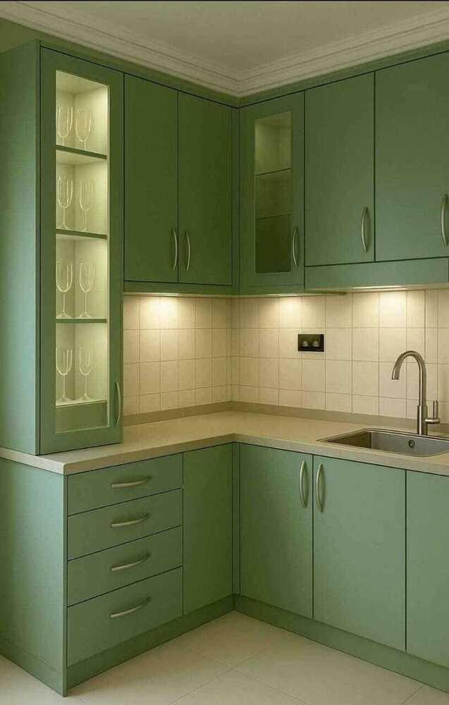 Wooden Designer Kitchen Green Color Cupboards