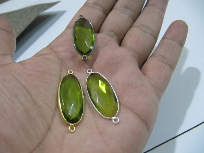 5 Pcs Set Peridot Chalcedony Hydro Quartz Briolette Connector Oval Shape Faceted Connector 15X30MM Size Double Loop Bezel