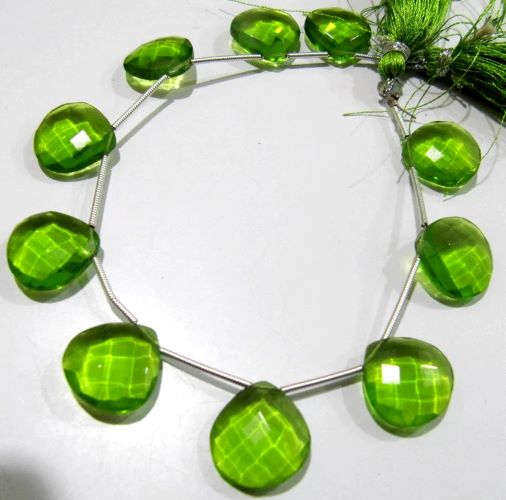 Green Peridot Hydro Quartz Heart shape Briolette Faceted 15mm Beads Strand 8inch long