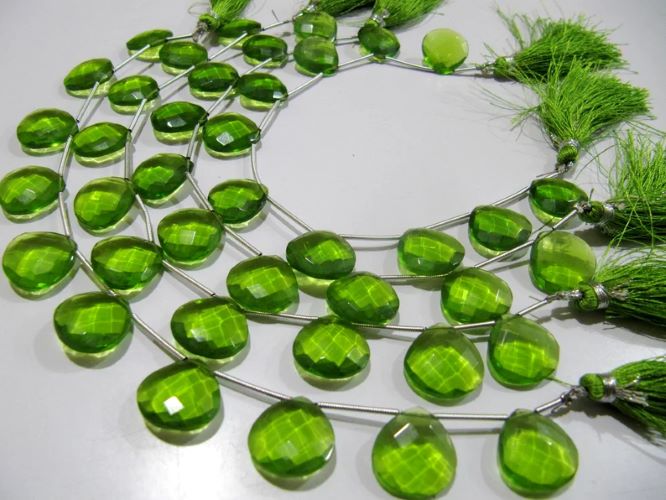 Green Peridot Hydro Quartz Heart shape Briolette Faceted 15mm Beads Strand 8inch long