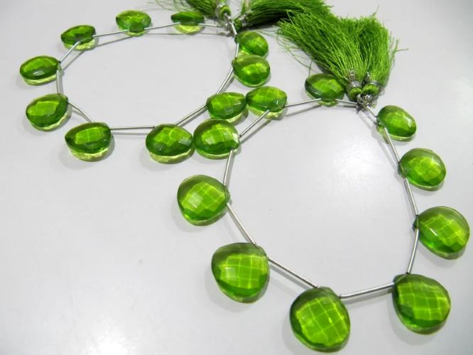 Green Peridot Hydro Quartz Heart shape Briolette Faceted 15mm Beads Strand 8inch long
