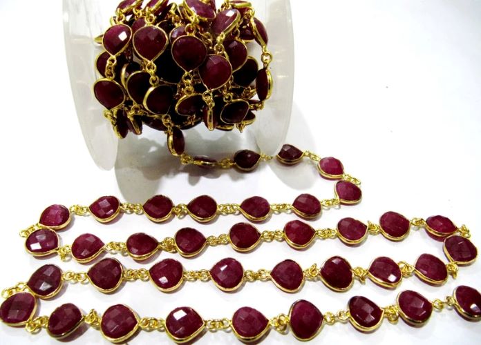 Dyed Ruby Heart Shape Briolette Faceted 10mm Bezel Connector Chain Sold Per Foot