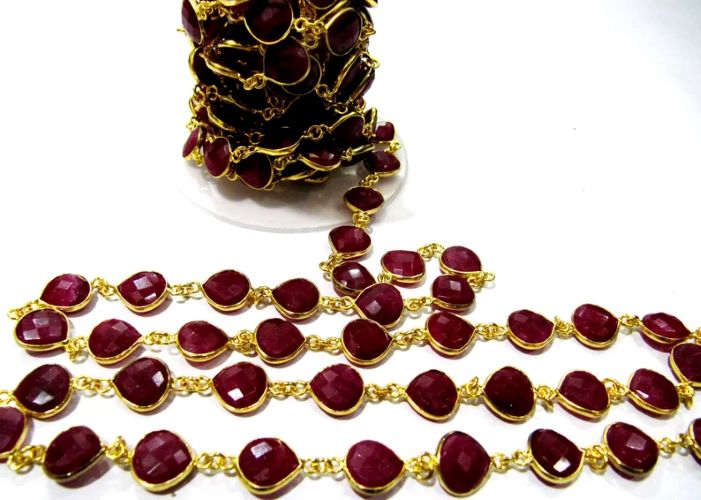 Dyed Ruby Heart Shape Briolette Faceted 10mm Bezel Connector Chain Sold Per Foot