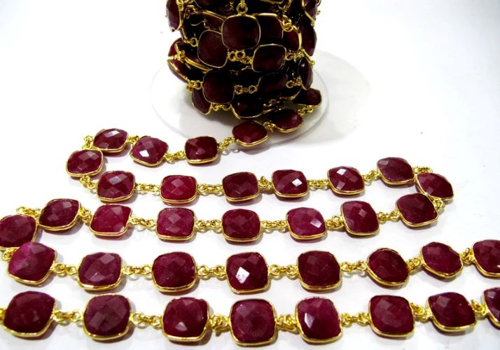 Ruby Cushion Shape Square Briolette Faceted Bezel Connector Chain 10 mm Sold Per Foot