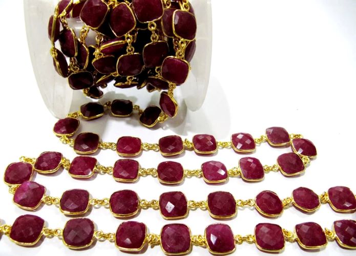 Ruby Cushion Shape Square Briolette Faceted Bezel Connector Chain 10 mm Sold Per Foot 