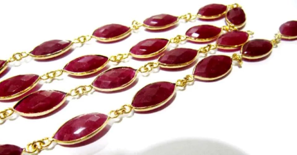 Ruby Marquise Shape Briolette Faceted Bezel Connector Chain 9x15mm Gold Plated Sold Per Foot