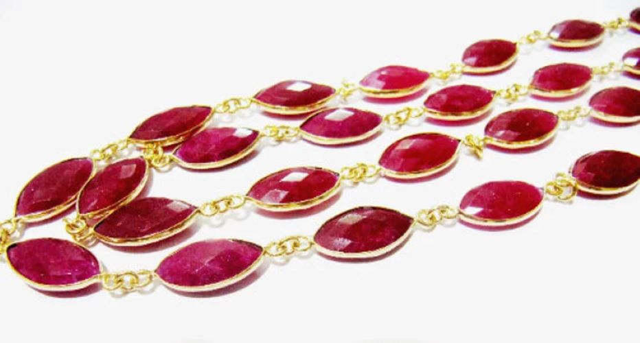 Ruby Marquise Shape Briolette Faceted Bezel Connector Chain 9x15mm Gold Plated Sold Per Foot