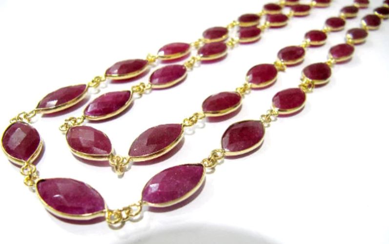 Ruby Marquise Shape Briolette Faceted Bezel Connector Chain 9x15mm Gold Plated Sold Per Foot