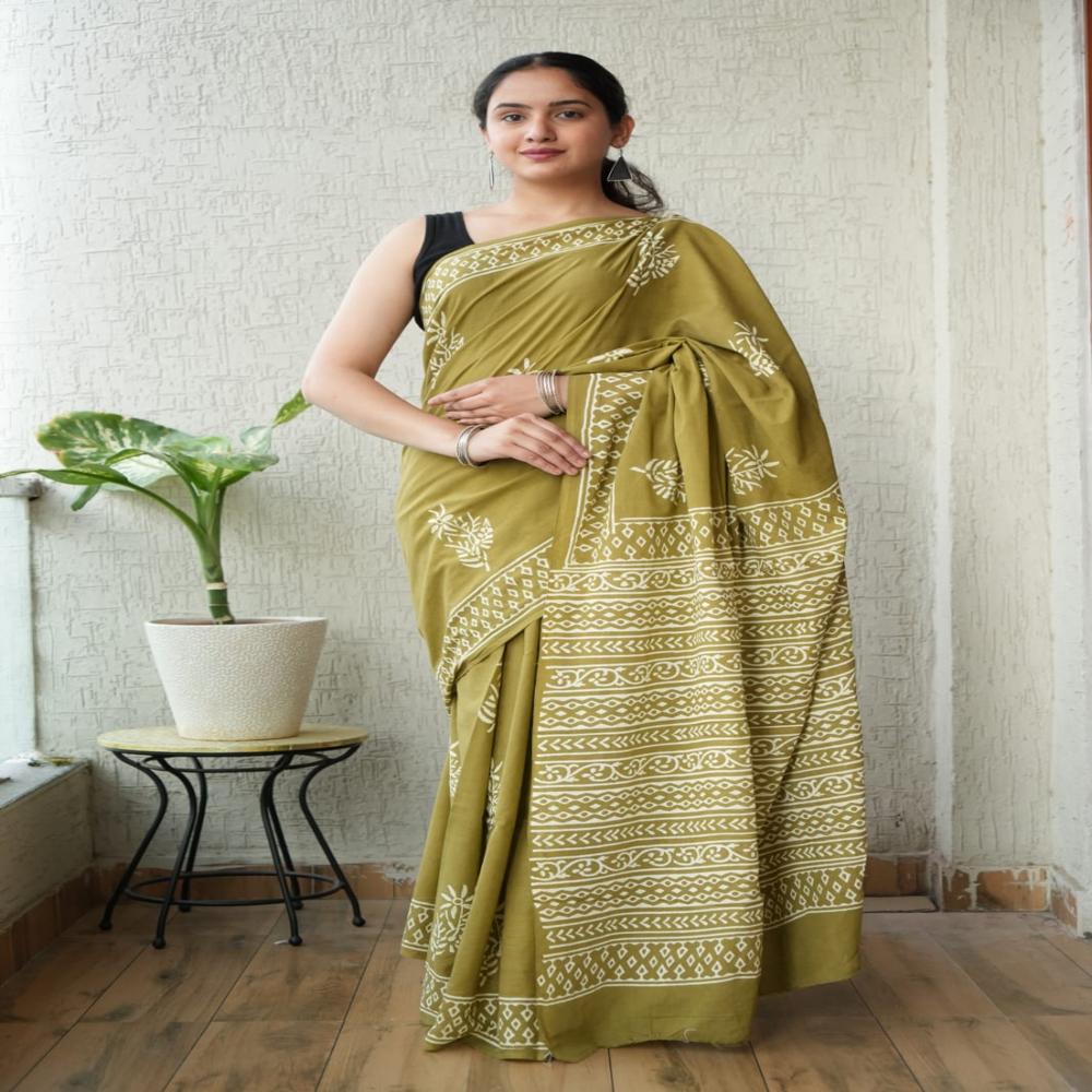 Block Print Saree - Color: Light Green