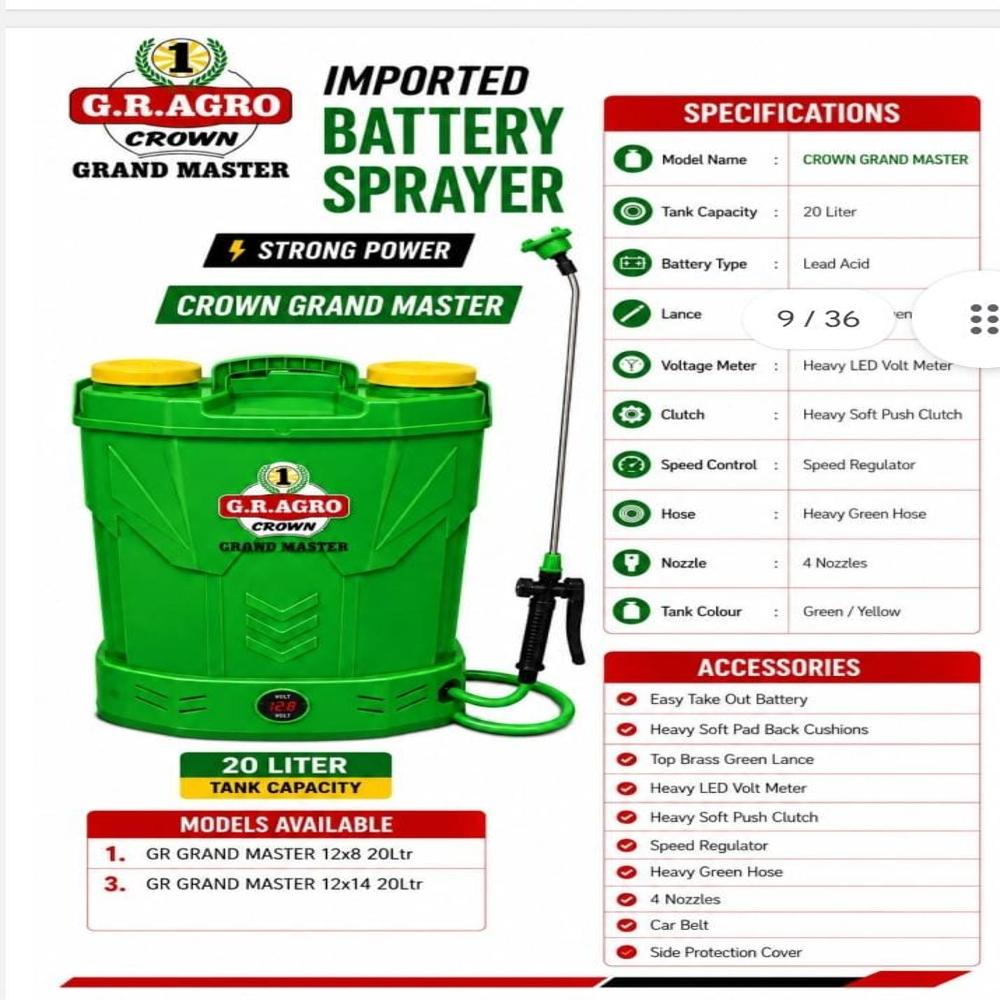 16L Grand Master Battery Sprayer - PVC Tank, Yellow-Red, Steel Lance | Adjustable Nozzle, Padded Strap, Battery Level Indicator