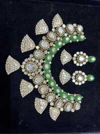 Anayra Bridal Necklace Set - 18k Gold Plated Alloy, Adjustable Dori, Gold With Pearls & Green Stones, Jhumka Earrings & Maang Tikka