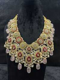 Long Paan Set With Real Rubies And Uncut Polki - 22k Yellow Gold, 20-22 Inch Necklace, Handcrafted Paan Leaf Motif