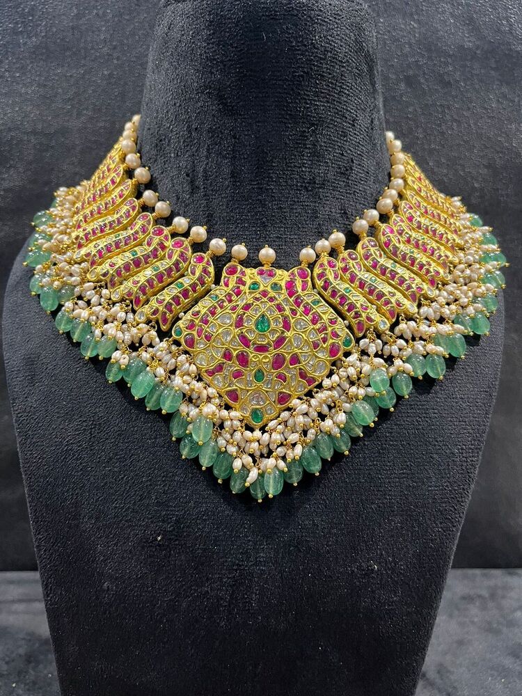 Peacock Necklace With Real Rubies And Uncut Polki