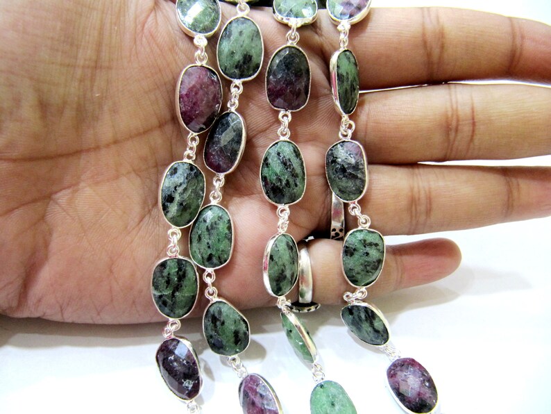 Natural Ruby Zoisite Briolette Faceted Uneven Free Shape 10 to 15mm Gemstone Bezel Connector Chain