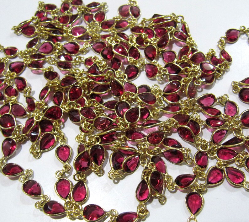 Ruby Quartz Pear Shape Size 6x8 mm Bezel Connector Plated Gemstone Chain Sold Per Foot