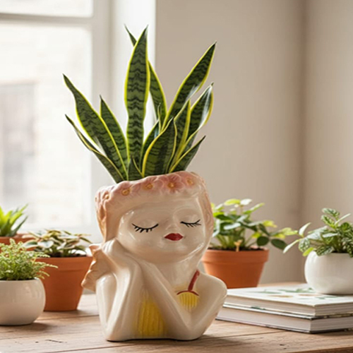 7Inch White Girl Face Ceramic Flower Vase