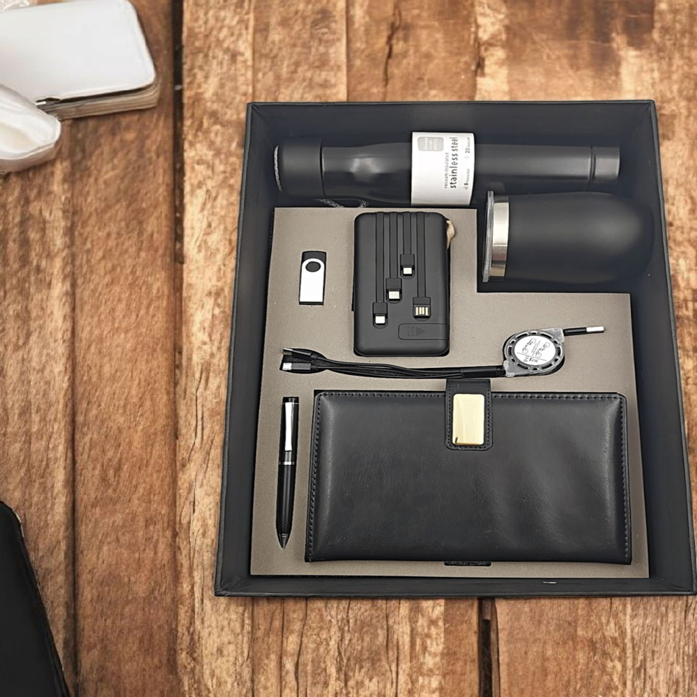 Premium Black Corporate Gift Set Smart Bottle, Diary, Pen, Mug & Keychain