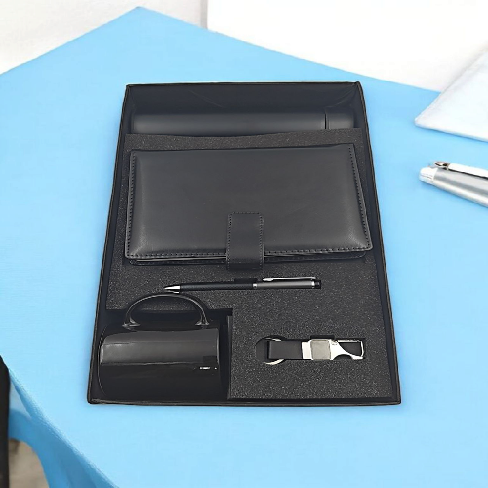 Premium Black Corporate Gift Set Smart Bottle, Diary, Pen, Mug & Keychain