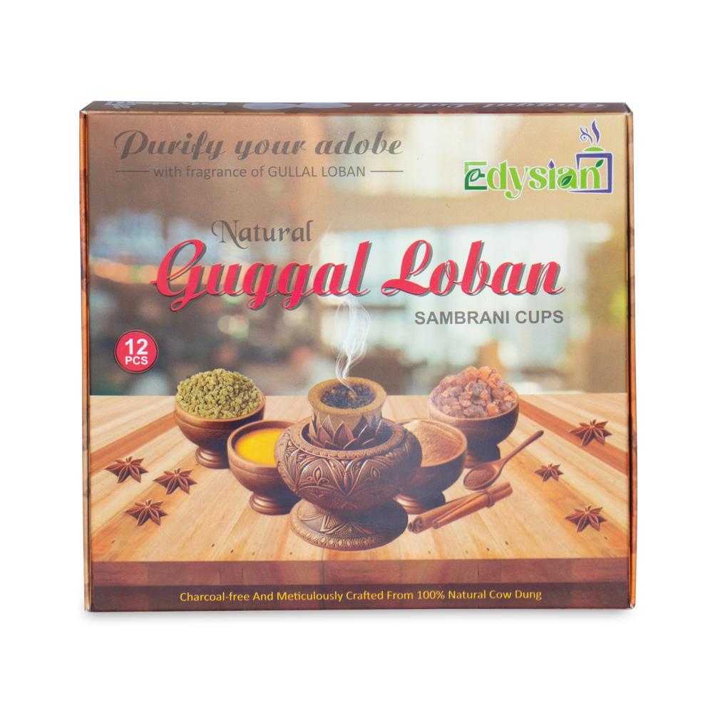 Natural Guggal Sambrani Dhoop Cups - Guggal Resin & Herb Blend, Brown, 3.5cm | Eco-Friendly, Chemical-Free, Long-Lasting Aromatic Cups with Metallic Stand