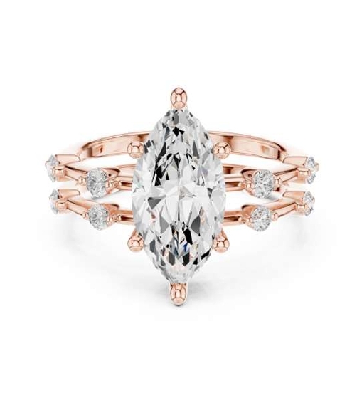 Rose Gold Marquise Cut Diamond Ring with Side Trillion Stones