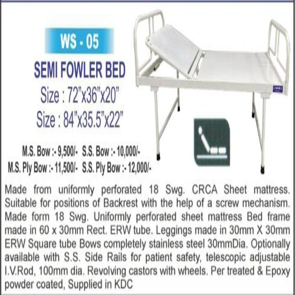 Semi Fowler Bed - Made Of Crca Sheet, 81"x35.5"x22" Dimensions | Stainless Steel Side Rails, Adjustable Iv Road, 100mm Revolving Castors