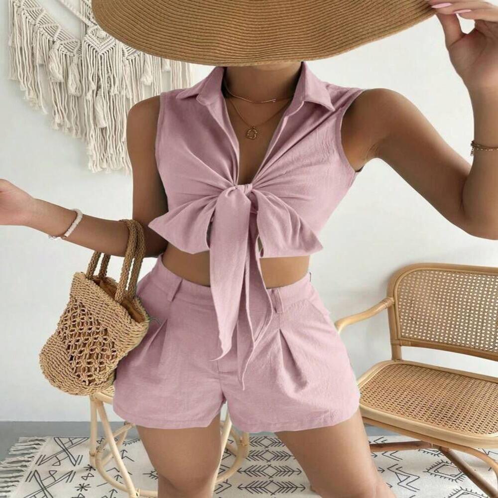 Trendy Sleeveless Knot Co-ord Set For Women - Color: Pink
