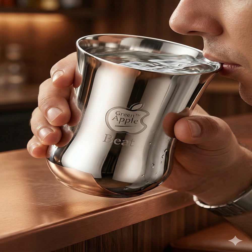 Green Apple Premium Stainless Steel Beat Drinking Glass - 300ml, High-Gloss Mirror Finish, Grade 304, Rust-Proof Tableware for Hotels & Home