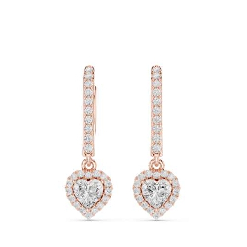 Rose Gold Heart Halo Diamond Drop Huggie Earrings