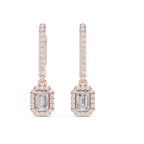 Rose Gold Emerald-Cut Halo Drop Huggie Earrings