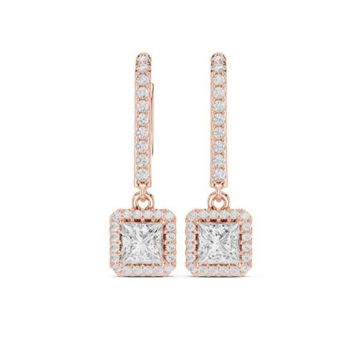 Rose Gold Emerald-Cut Halo Drop Huggie Earrings