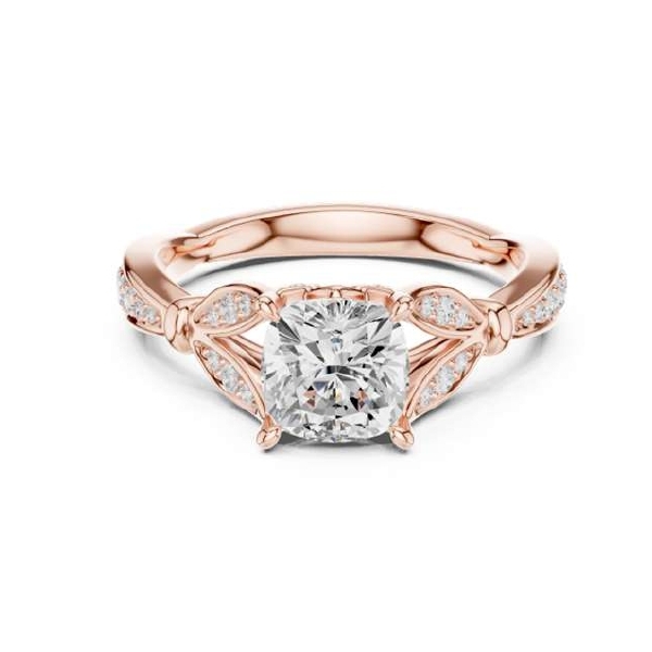 Rose Gold Cushion-Cut Diamond Petite Leaf Filigree Ring