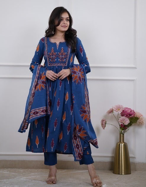 Chahat Suit S Alvami Woman Ethnic Traditional Printed Blue Anarkali Kurta Set with Matching Dupatta