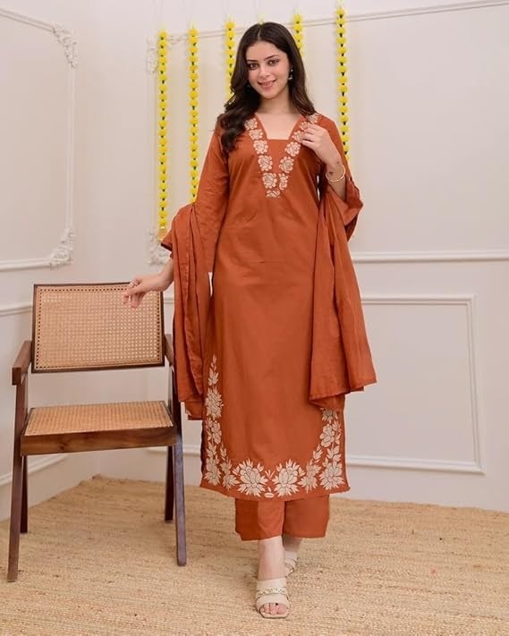 Sira Rust S Alvami Woman Ethnic Floral Embroidered Rust Orange Anarkali Kurta Set with Matching Dupatta