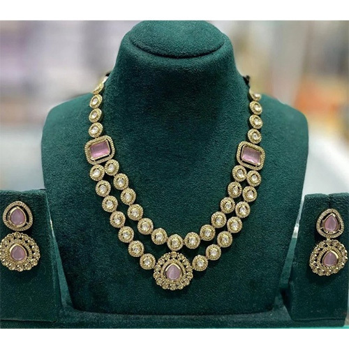 JEMTL1901 Light Pink Threaded lights Premium Kundan Polki And Austrian Stone Necklace