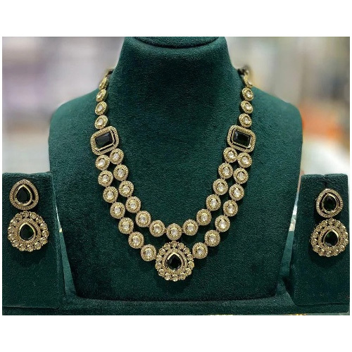 JEMTL1902 Mint Green Threaded Lights Premium Kundan Polki And Austrian Stone Necklace
