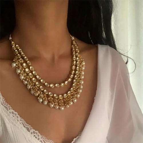 JEMTL1913 Threaded Lights Collection Ethnic Design Kundan Stone And Pearl Necklace