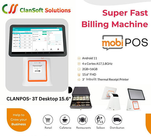 Clanpos 95A-3T Android Touch Pos Billing Machine With Inbuilt Printer - Color: Black