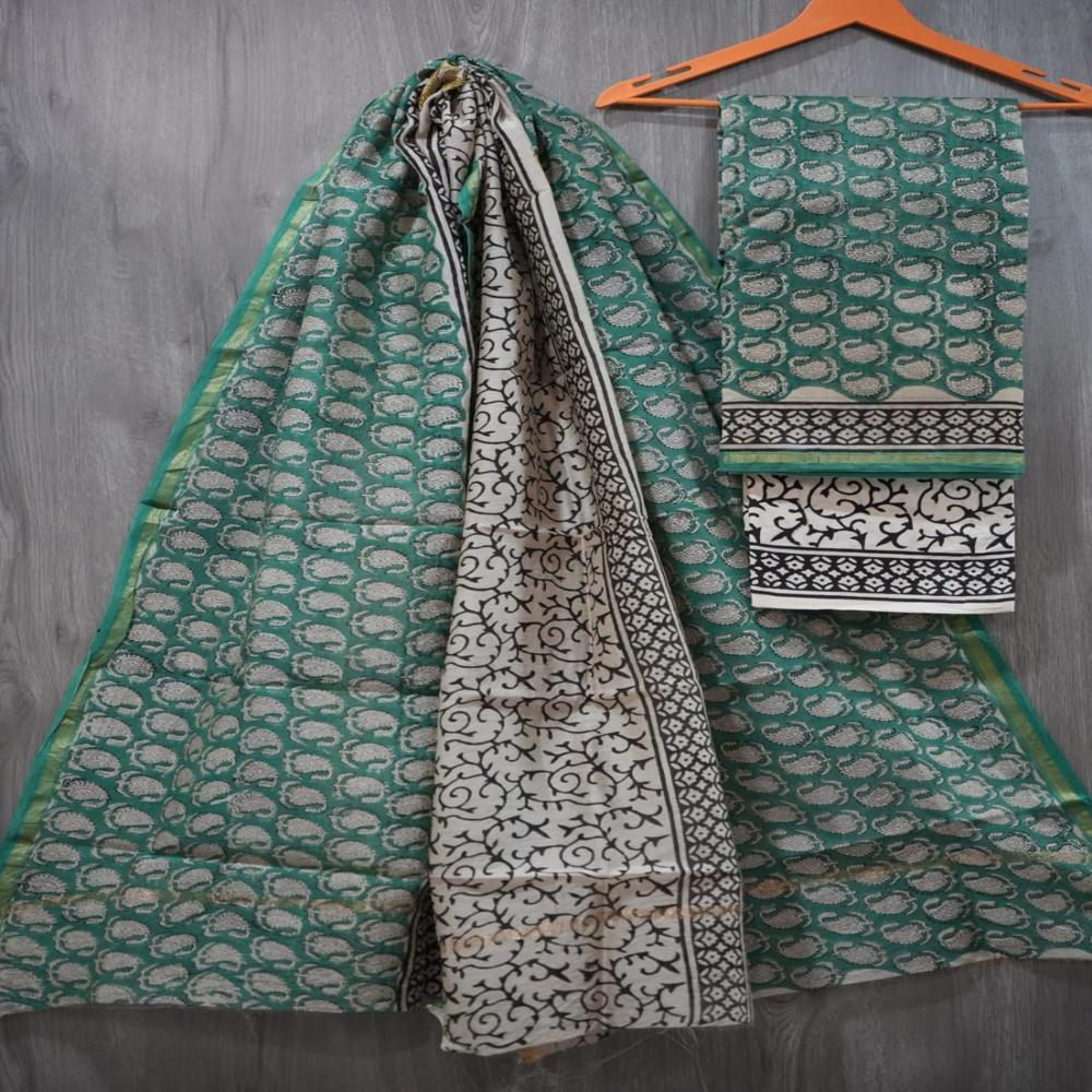 Unstitched Hand Block Print Chanderi Silk Suit Set