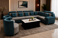 8 Cushion L Shape Sofa Set - Solid Wood Frame, 290x220x90 Cm, Grey & Brown, Removable Covers, High Backrest