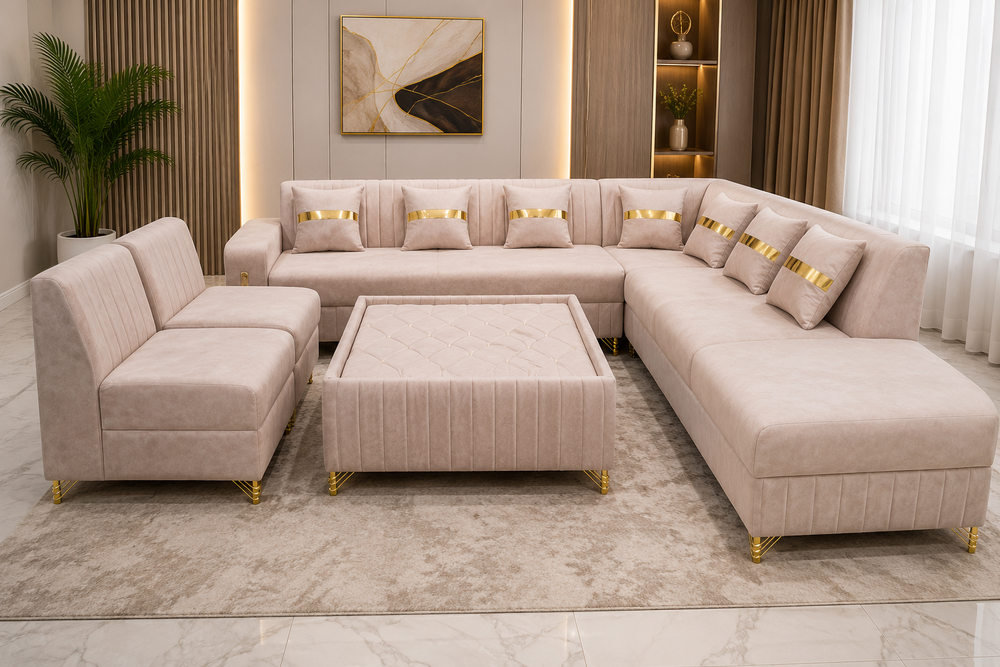 9 Seater L Shape Sofa - Color: Dark Brown With Beige Accents