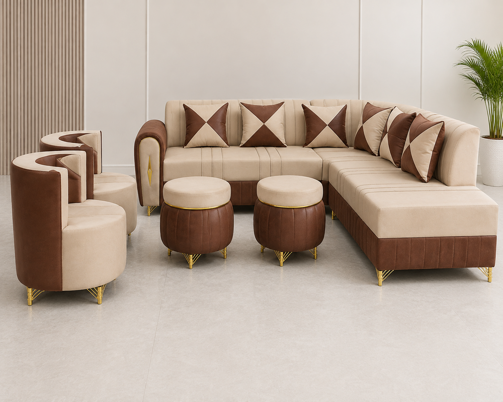Leather Fabric Corner Sofa Set - Color: Beige With Brown Accents